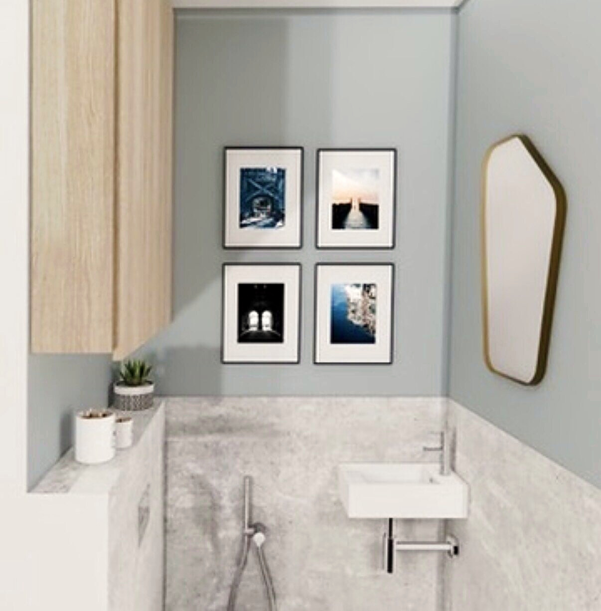 Design rendering of the bathroom with four framed prints and marble