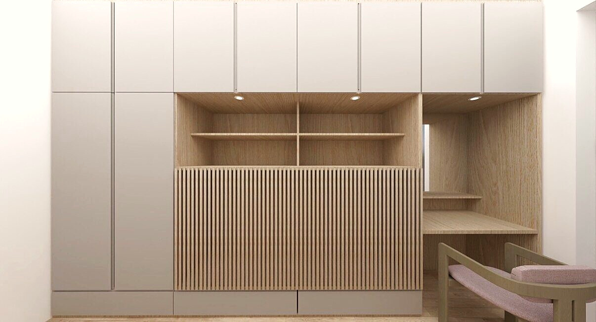 Design rendering of a slatted oak storage wall with a built-in desk