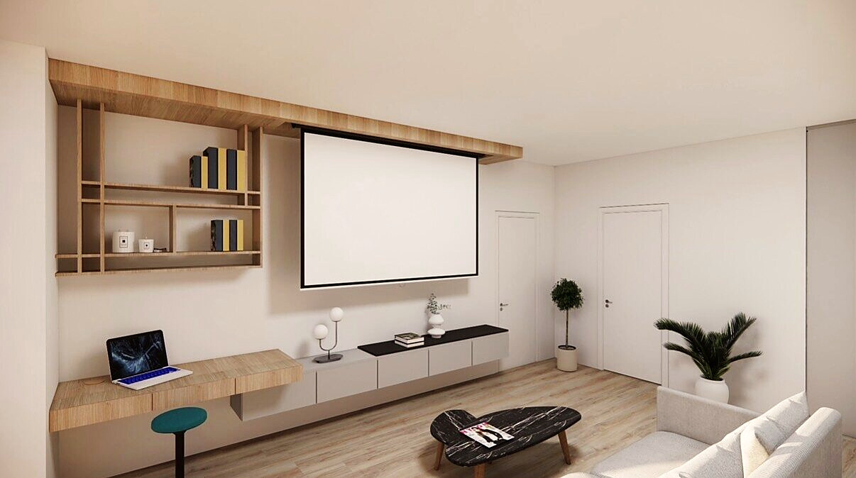 Design rendering of the living room with a pull-down projector screen and desk