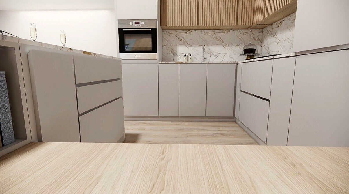 Design rendering of the kitchen with cabinets wrapping every wall