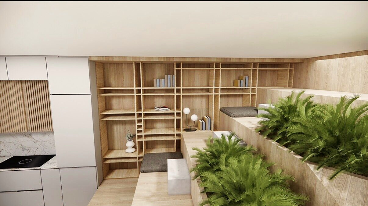 Design rendering of the oak library wall with stepped seating and planting