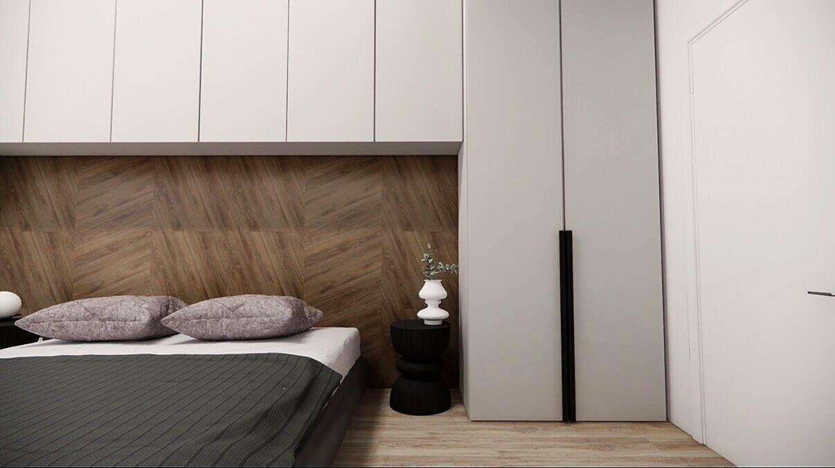 Design rendering of the master bedroom with full-height wardrobe storage