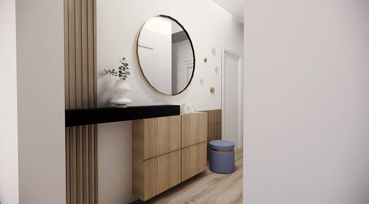 Design rendering of the entry cabinet hidden behind a mirror and oak slats