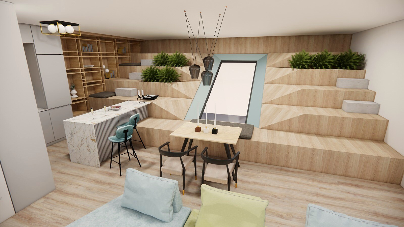 Design rendering of the living and dining nook with stepped timber seating and a tall window