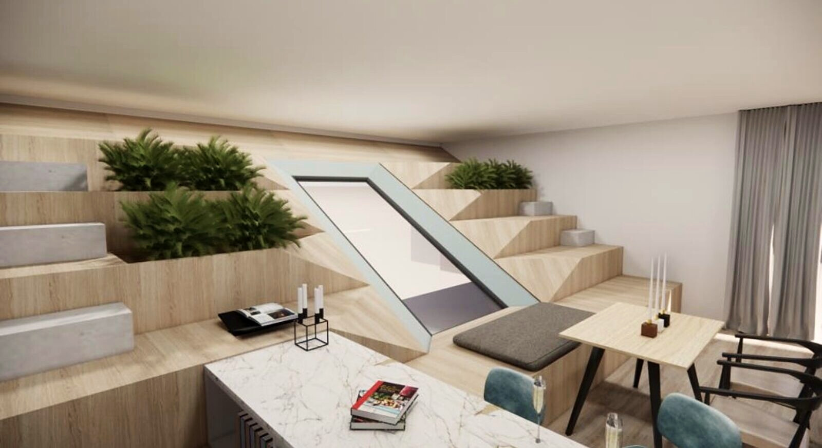 Design rendering of the stepped timber seating around the slanted window
