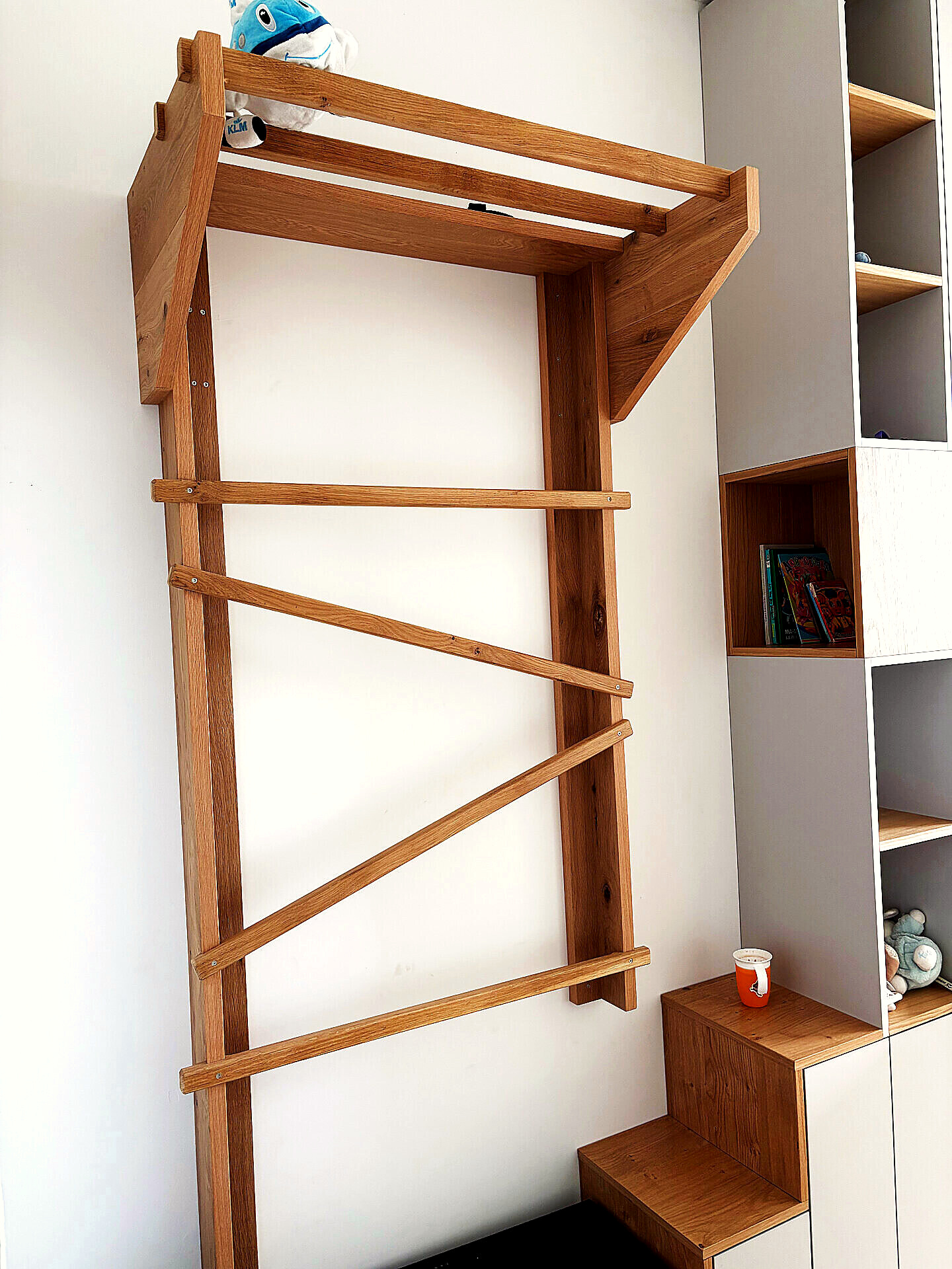 Wooden climbing wall and shelves with toys and books