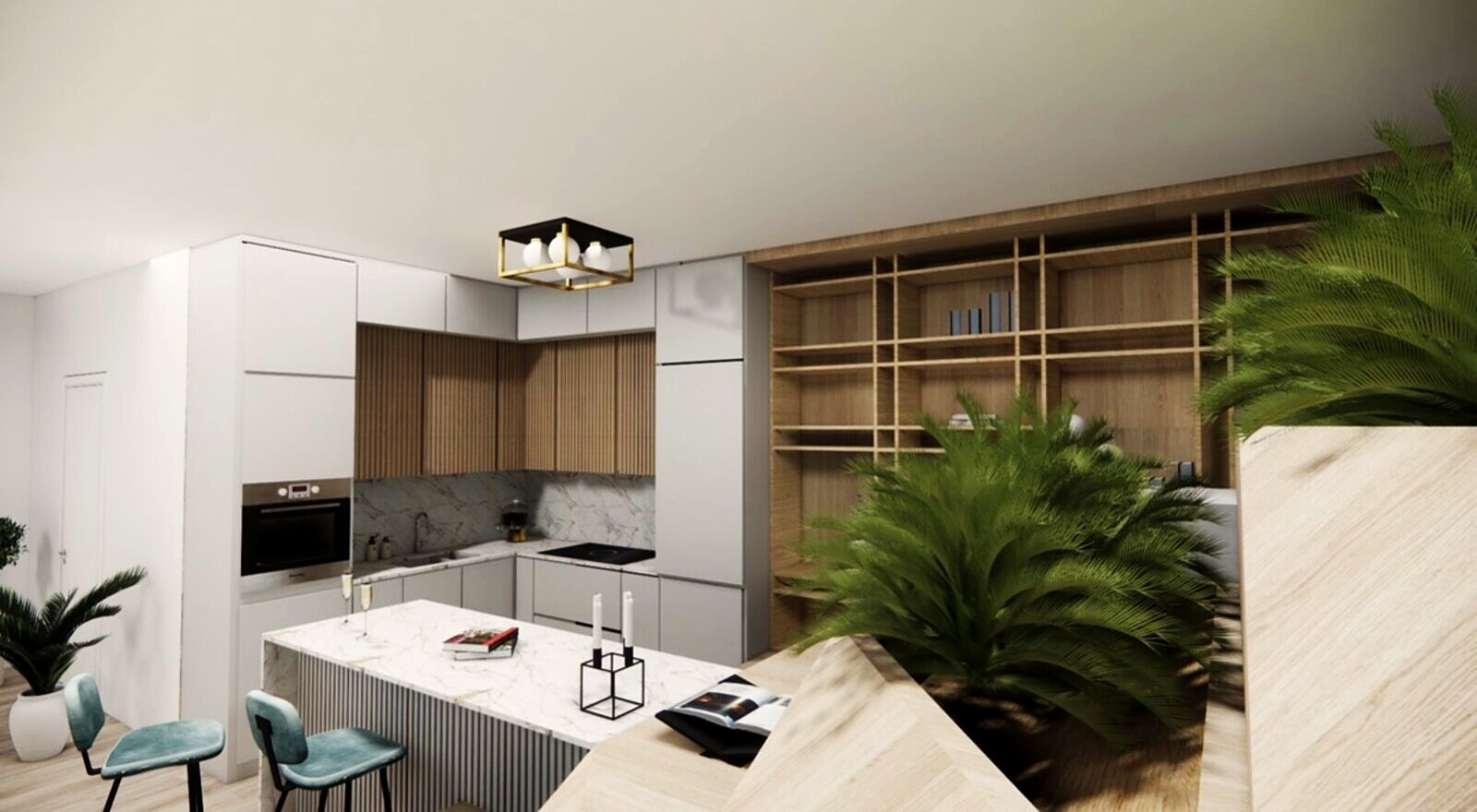 Design rendering of the kitchen with a marble island and oak bookcase